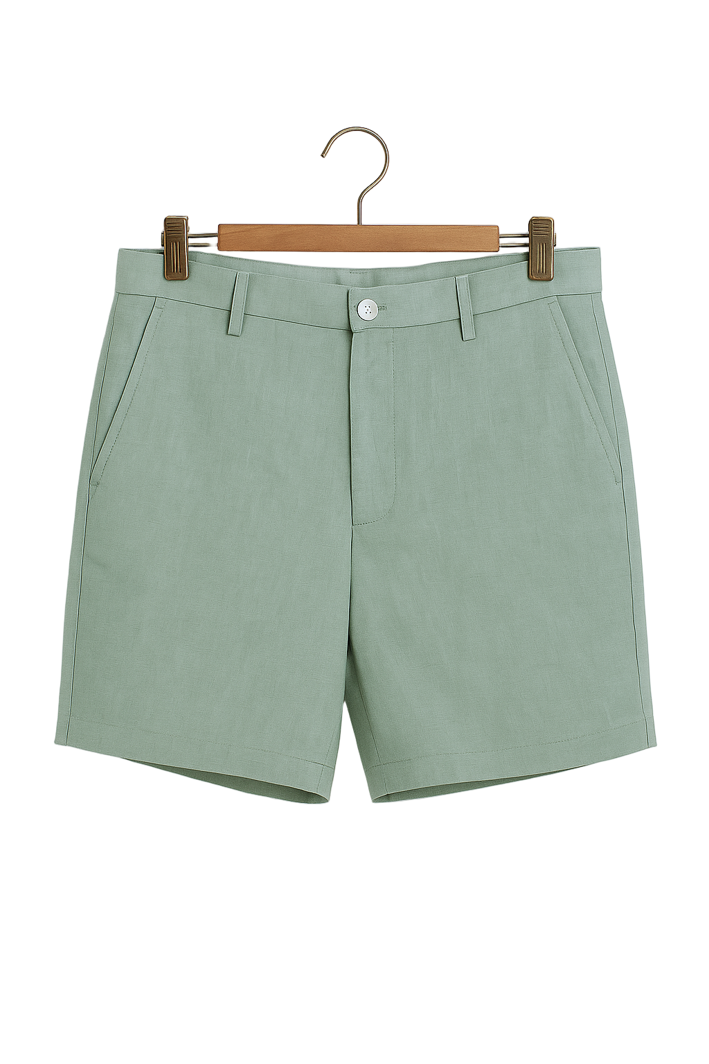 Sage green shorts on a hanger against a white background